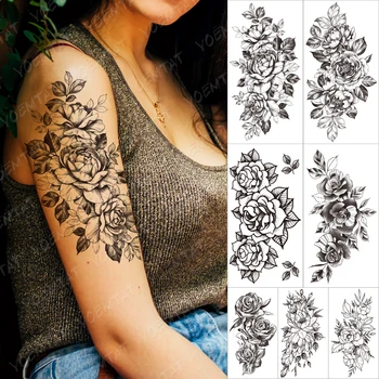 Floare Înflorit rezistent la apa Temporar tatooo Autocolant Bujor, Orhidee, Lily Rose Beauty Brațul tatuaj Body Art tatuaj Fals Negru pentru Femei 1