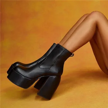 Stilul punk toamna iarna cizme elastice din microfibra pantofi pentru femeie cizme glezna tocuri inalte negru gros platforma lungi cizme genunchi ridicat 1
