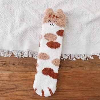 3D Ureche Broderie Pisica cu Gheare Coral Fleece Animal Șosete de Iarnă Kawaii Groasă cu Dungi Desene animate Femei Fuzzy Pufos Terry Cald Șosete Drăguț 1