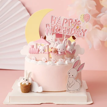 Iepuras roz Tren Copilul de Decorare Ziua de nastere Fericit Rabbit Moon Cake Topper pentru Copii, Petrecere Copil de Copt Consumabile Daruri Minunate 1