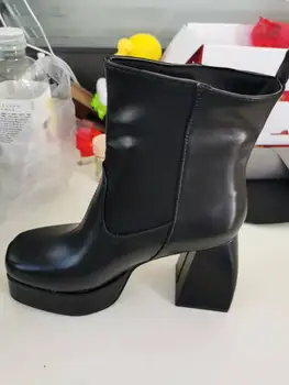 Stilul punk toamna iarna cizme elastice din microfibra pantofi pentru femeie cizme glezna tocuri inalte negru gros platforma lungi cizme genunchi ridicat 2