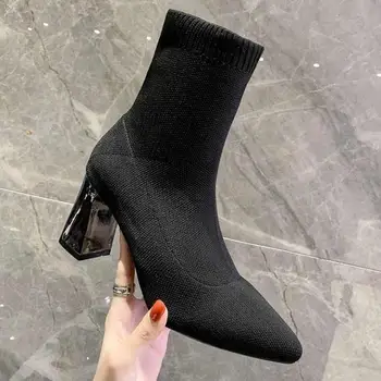 Cizme Cu Toc Sosete Femei 2020 Flocking Pantofi Sexy Petrecere Toc Gros, Cu Toc Înalt Cizme Scurte Pentru Femei De Iarnă Cizme A Subliniat Toe Pantofi 2