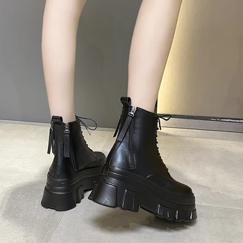 COOTELILI Femei Cizme Rotund Toe Cizme pentru Femei Pantofi 2021 Noua Moda Dantelă-Up Zip Femeie Cizme Toc 8cm Dimensiune 34-39 2