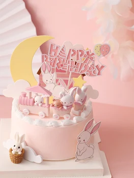 Iepuras roz Tren Copilul de Decorare Ziua de nastere Fericit Rabbit Moon Cake Topper pentru Copii, Petrecere Copil de Copt Consumabile Daruri Minunate 2